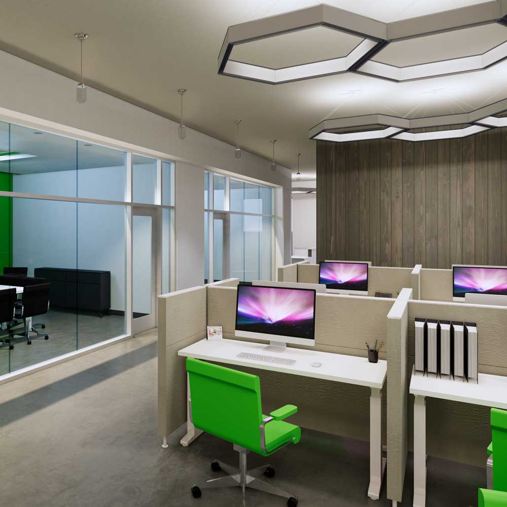 Kaleidoscope/Blue Circle Drive office area with octagon lights and green statement chairs