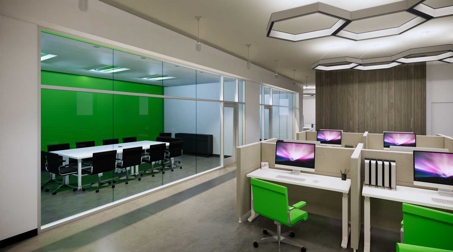 Kaleidoscope/Blue Circle Drive office area with octagon lights and green statement chairs