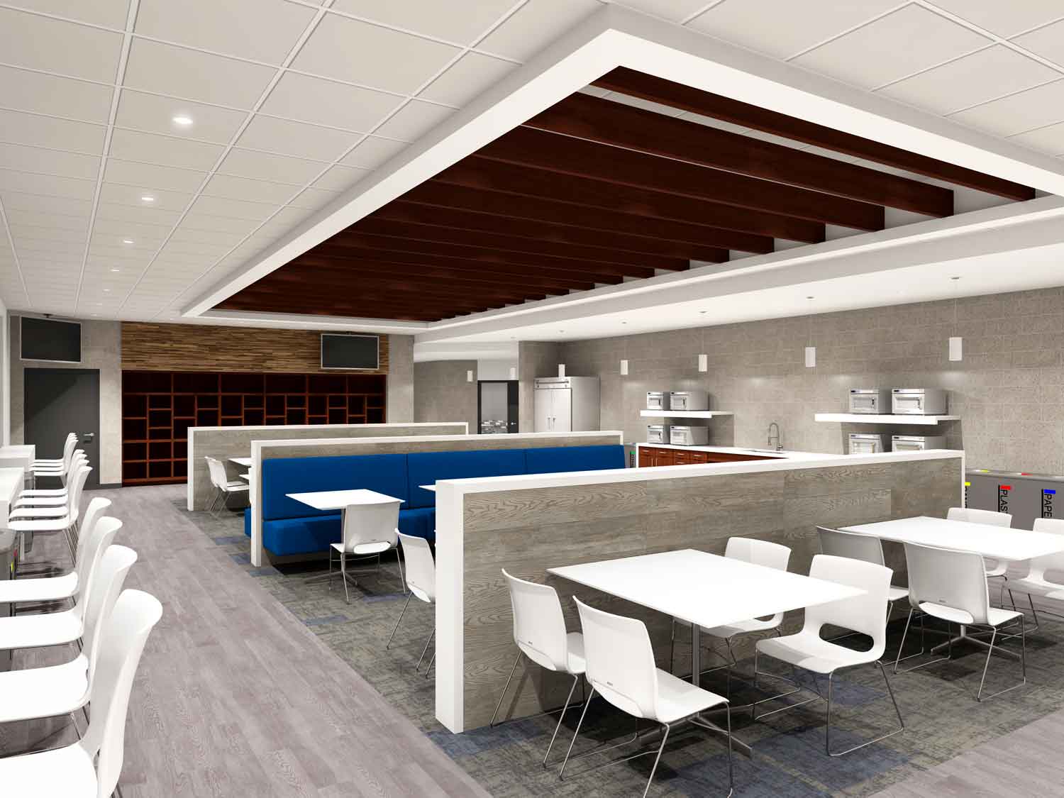 Open white break room space freshly designed by Framework Architects