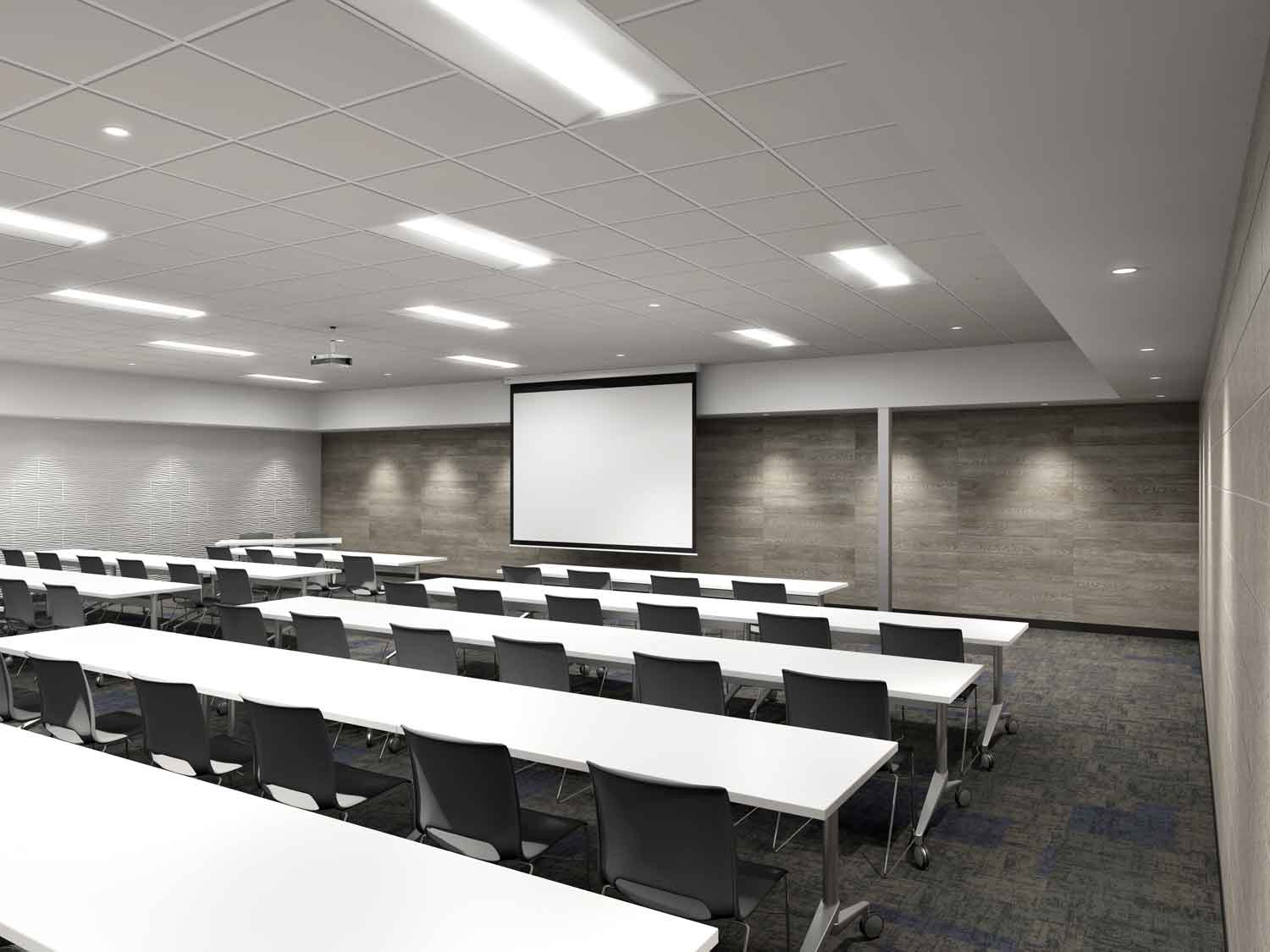 Clean looking training room in a newly designed building by Framework Architects. Green Bay Packaging.