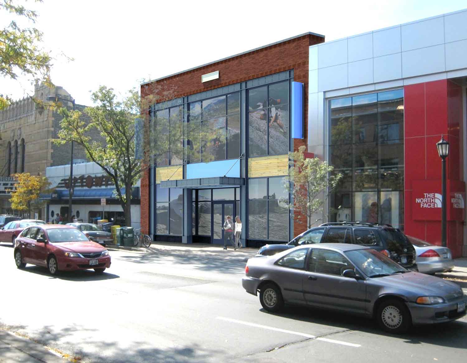 Outside of new building designed in Uptown Minneapolis, Minnesota. Retail shell designed by Framework Architects